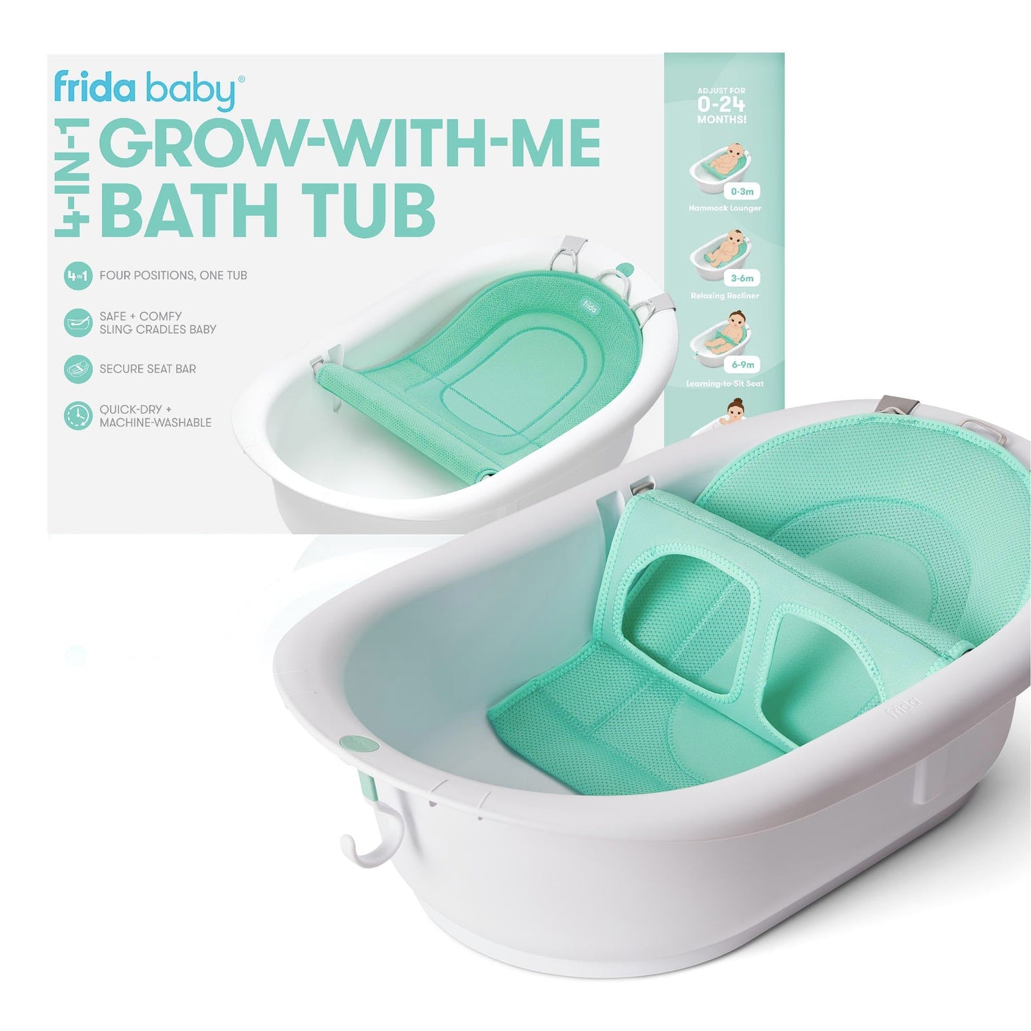 Frida Baby 4-in-1 Grow-with-Me Baby Bathtub, Baby Tub for Newborns to Toddler with Removable Bath Seat &amp; Backrest for Bath Support in Tub