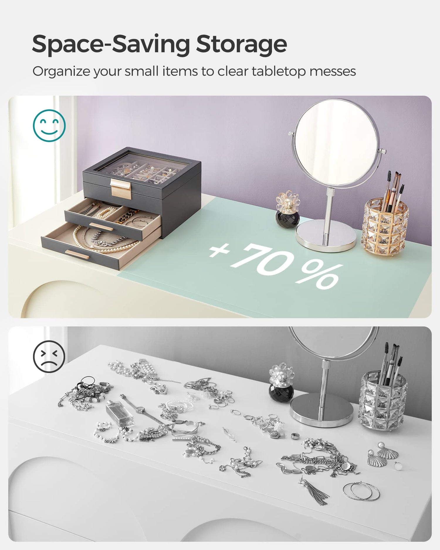 SONGMICS Jewelry Box with Glass Lid, 3-Layer Jewelry Organizer, 2 Drawers, for Big and Small Jewelry, Jewelry Storage, Modern Style, 8 x 9.1 x 5.3 Inches, Cloud White and Gold Color UJBC239WT
