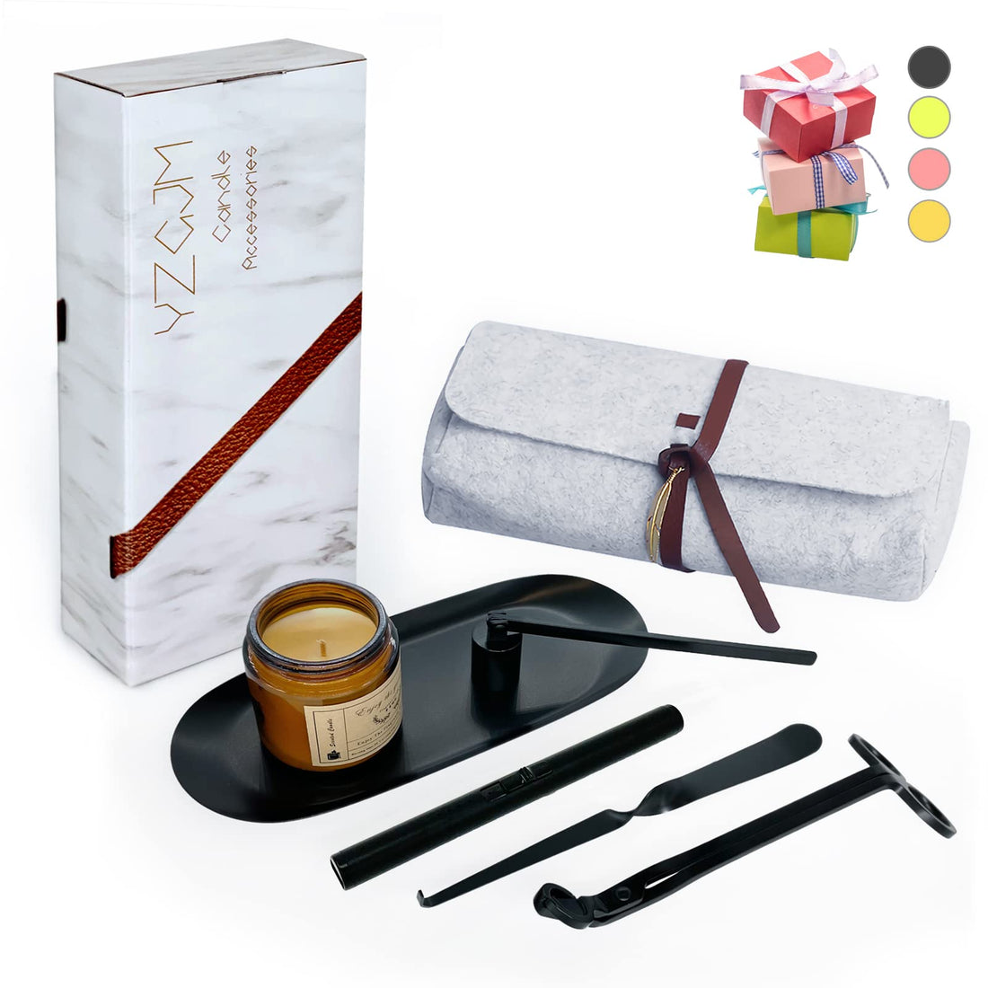 Exquisite Candle Accessories Tool Pack Bag, Rechargeable Electric Lighter， Wick Trimmer, Dipper, Snuffer and Tray Holder Elegant Kit Gift for Candle Lovers in Dating, Valentines Decor. ( Lemon Gold )