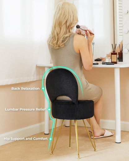 Greenstell Vanity Stool with Foldable Back, Vanity Chair with Storage, 13&quot; Dx 27.7&quot; H Faux Fur Soft Ottoman, 4 Metal Legs with Anti-Slip Feet, Small Furry Padded Seat for Makeup, Bedroom, White