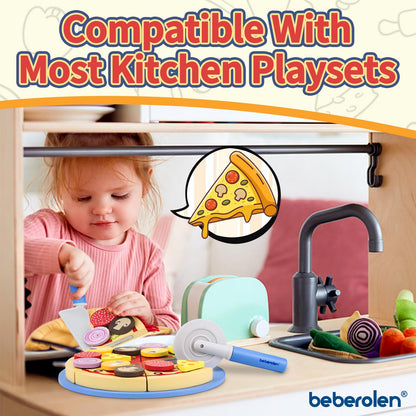 Beberolen Wooden Pizza Toy Play Food Set for Kids Pretend Play Kitchen Accessories Cutting Food Toys for 3 4 5 Years Old Toddlers Boys Girls