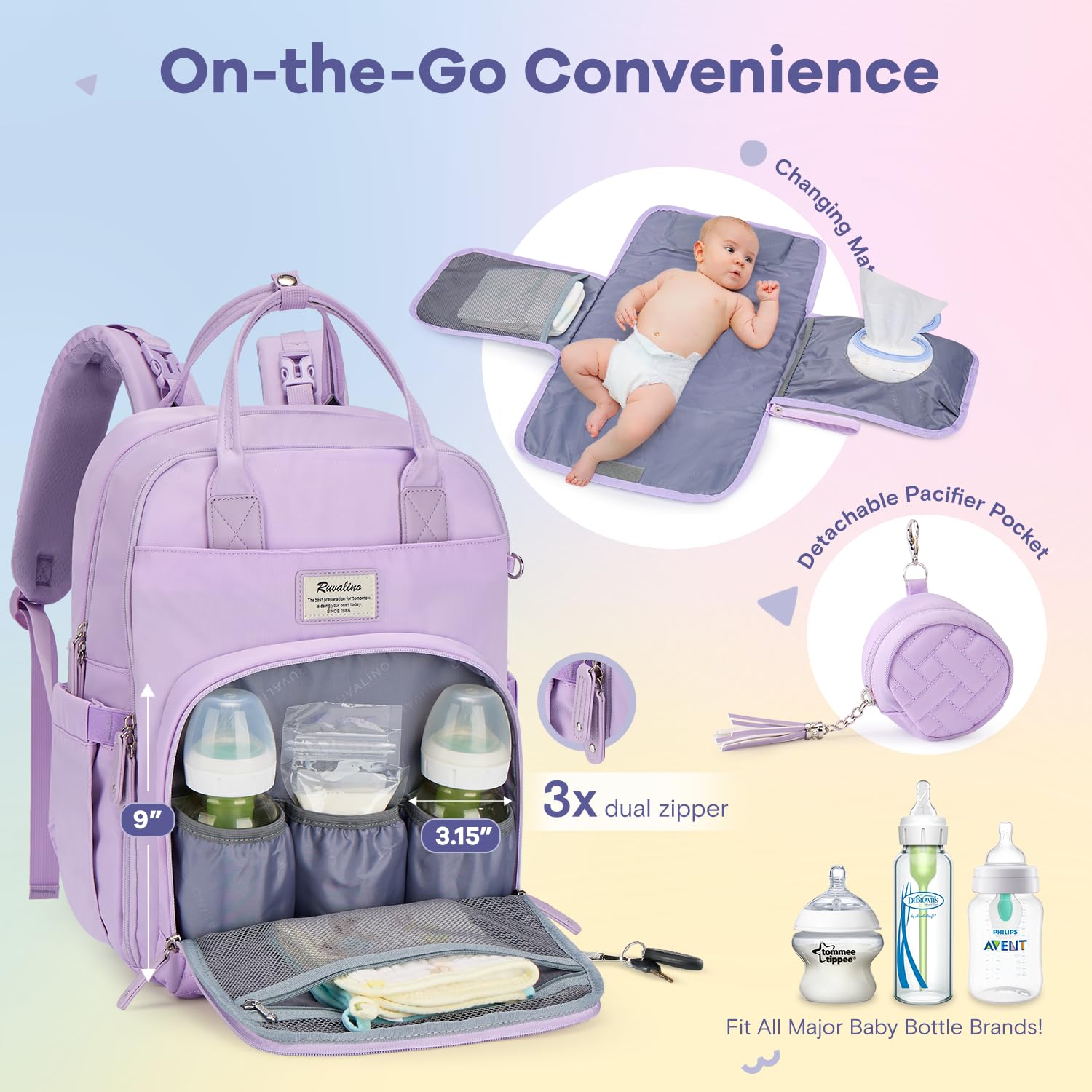 RUVALINO Diaper Bag Backpack, Multifunction Travel Pack Maternity Baby Changing Bags, Large Capacity, Waterproof, Beige
