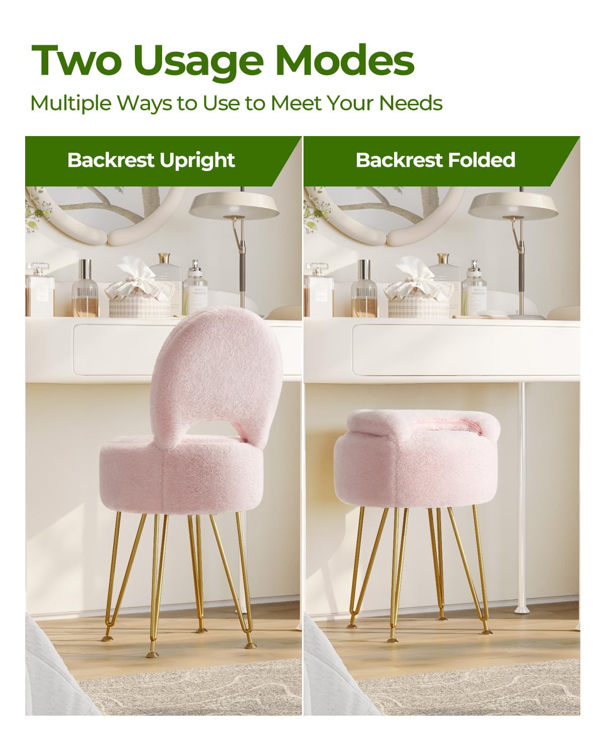 Greenstell Vanity Stool with Foldable Back, Vanity Chair with Storage, 13&quot; Dx 27.7&quot; H Faux Fur Soft Ottoman, 4 Metal Legs with Anti-Slip Feet, Small Furry Padded Seat for Makeup, Bedroom, White
