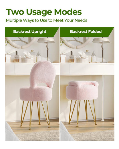 Greenstell Vanity Stool with Foldable Back, Vanity Chair with Storage, 13&quot; Dx 27.7&quot; H Faux Fur Soft Ottoman, 4 Metal Legs with Anti-Slip Feet, Small Furry Padded Seat for Makeup, Bedroom, White