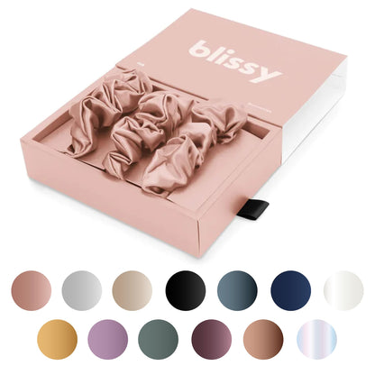 Blissy Silk Scrunchies (3 Pack) - 100% Pure Mulberry Silk - 22 Momme 6A High-Grade Fibers - Silk Scrunchie for Straight &amp; Curly Hair - Preventing Breakage, Tangling, &amp; Creasing (Rose Skinny)