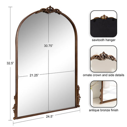 Kate and Laurel Myrcelle Traditional Arched Mirror, 25 x 33, Gold, Decorative Large Arch Mirror with Ornate Garland Detailing Along The Crown and Edges of The Frame