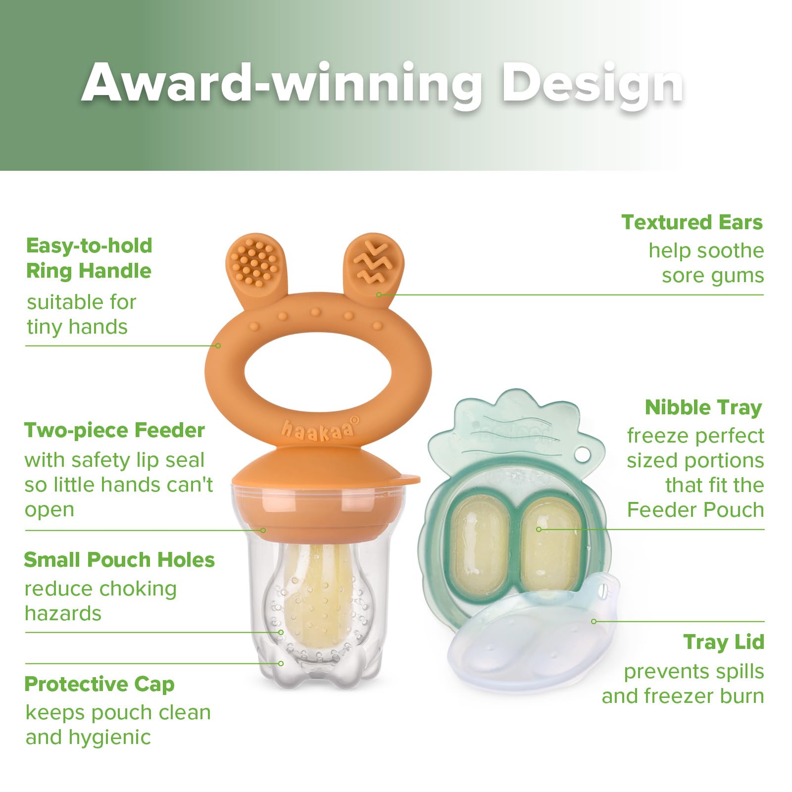 Haakaa Baby Fruit Food Feeder &amp; Mini Freezer Nibble Tray Combo, Breastmilk Popsicle Molds for Cooling Relief, BPA Free Silicone Feeder for Safe Infant Self Feeding, 4 Month+ (Pea Green)