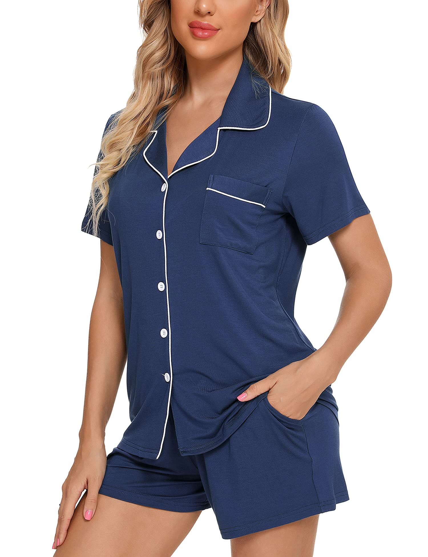 Senert Pajamas Set For Women Short Sleeve Sleepwear Soft Button Down Pjs Set Nightwear Lounge Sets S-XXL