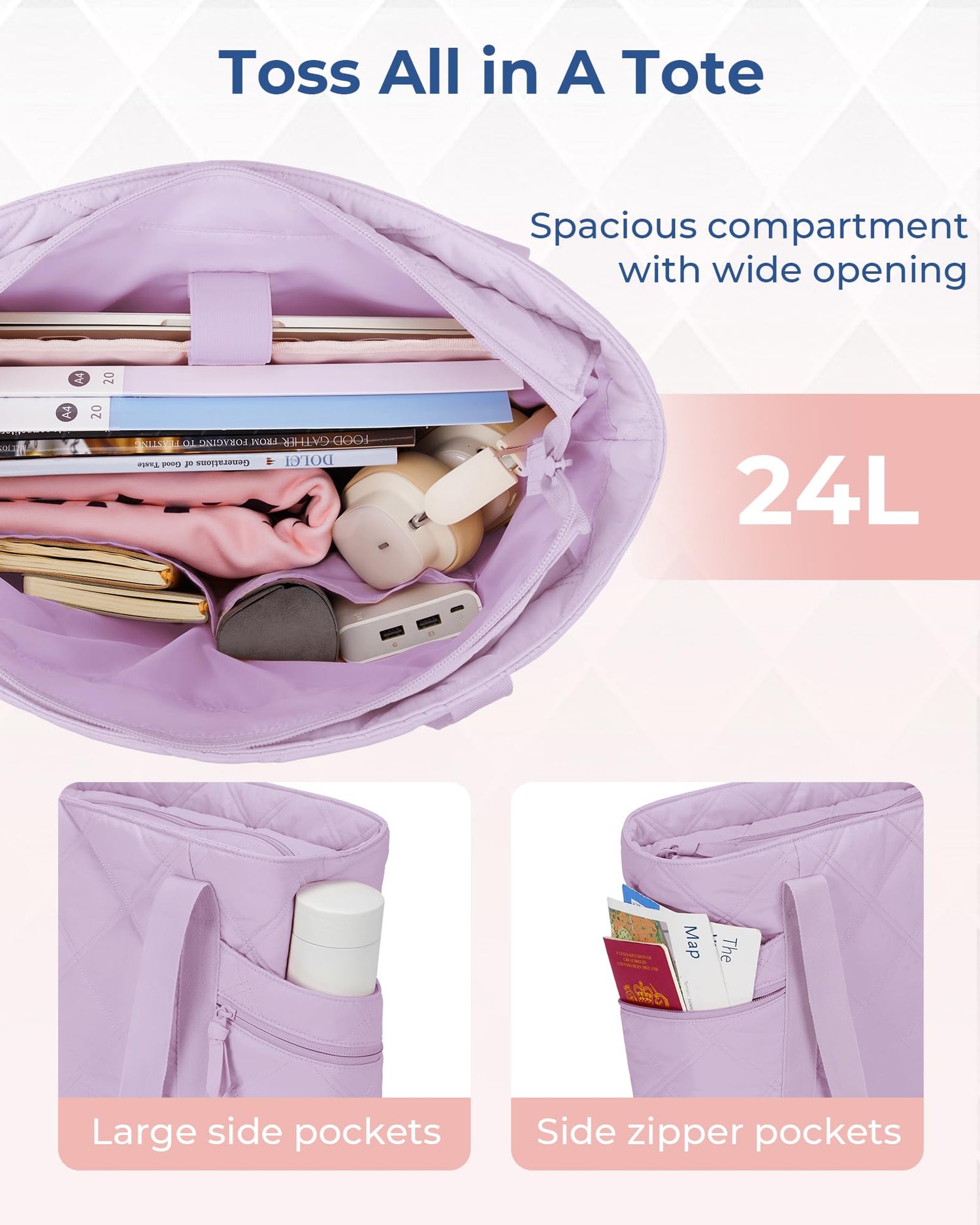 BAGSMART Tote Bag for Women, Puffer Tote Bags with Zipper, Travel Essentials Quilted Nurse Bag Carry On Bag Gifts for Women