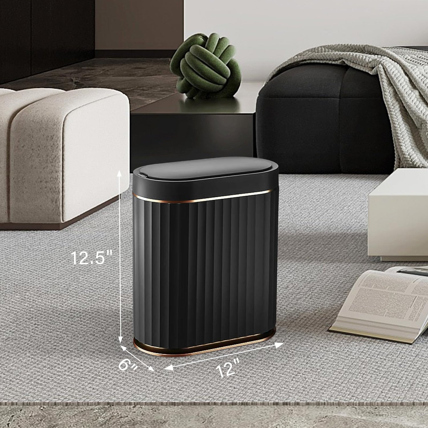 ELPHECO Mini Desktop Trash Can with Lid, Small Slim Automatic Garbage Can, 1.3 Gallon Motion Sensor Countertop Waste Basket for Bedroom, Office, Bathroom, White with Grey Trim
