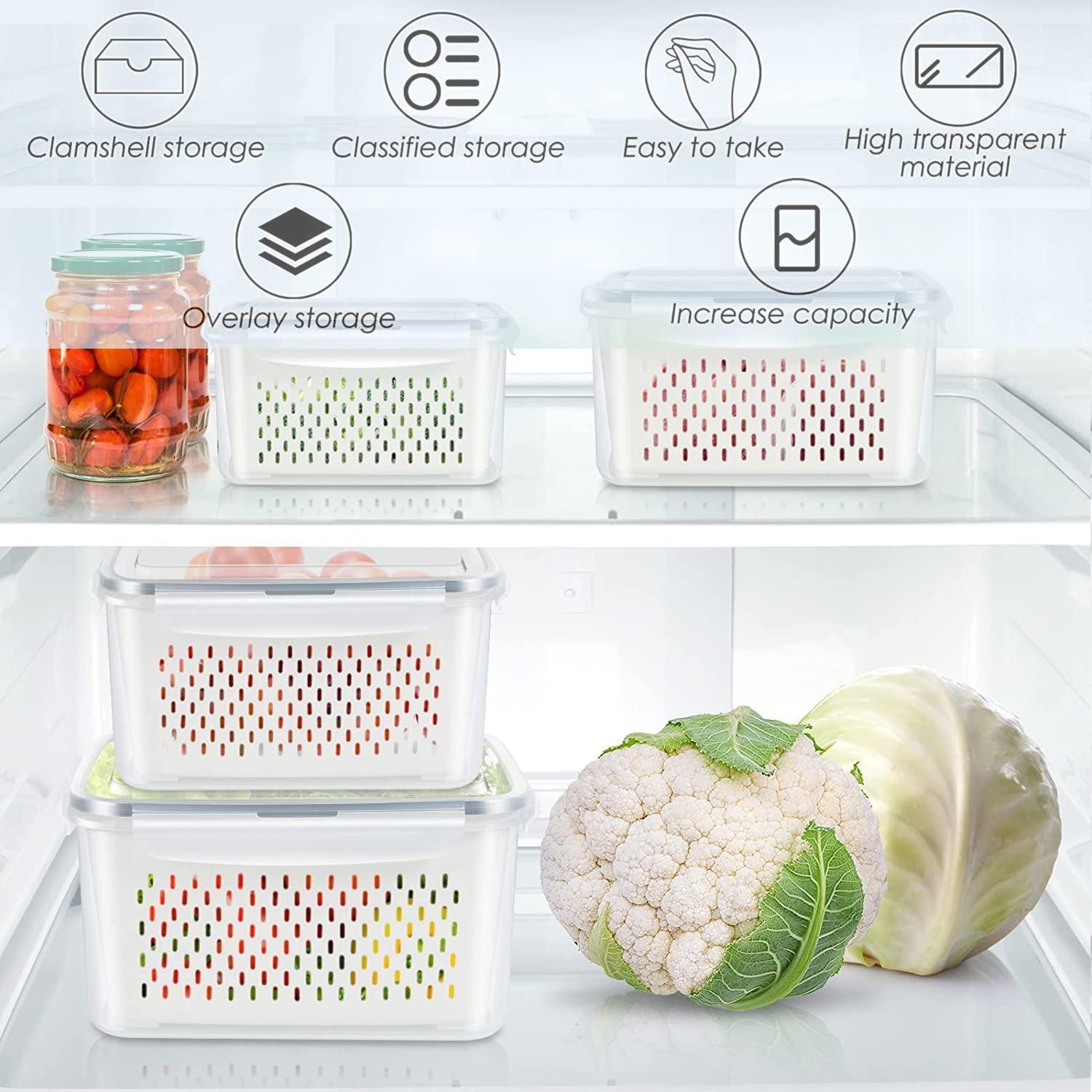 Fresh Food Storage Containers, 3 Pack Large Capacity Produce Saver Box with Drain Baskets &amp; Lid for Vegetable and Fruit - BPA Free Stackable Refrigerator Organizer for Kitchen (0.8L+1.7L+3.15L)