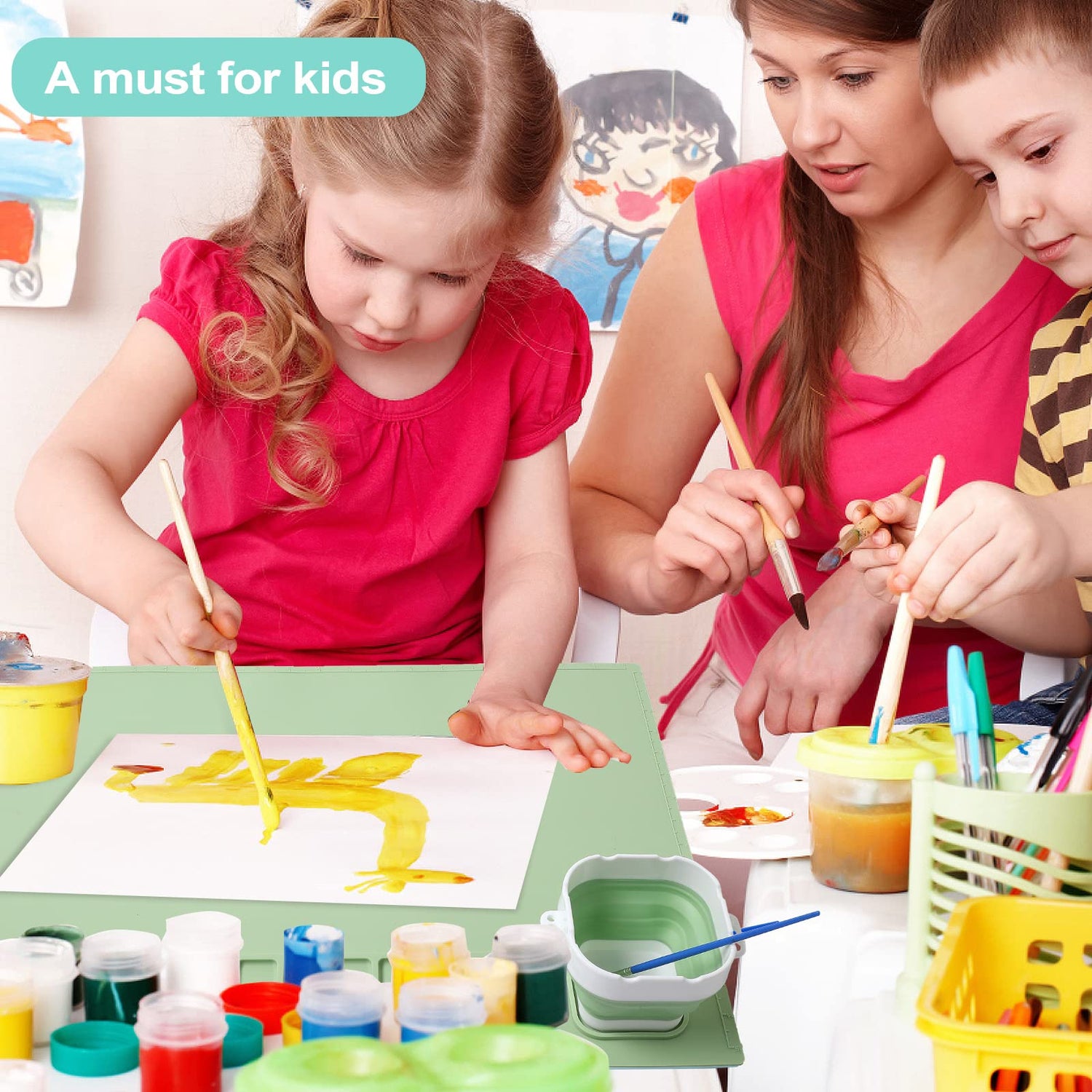 AWOKE Silicone Painting Mat - 20&quot;X16&quot; Silicone Art Mat with 1 Water Cup for Kids - Silcone Craft Mat has12 Color Dividers - 2 Paint Dividers (White)