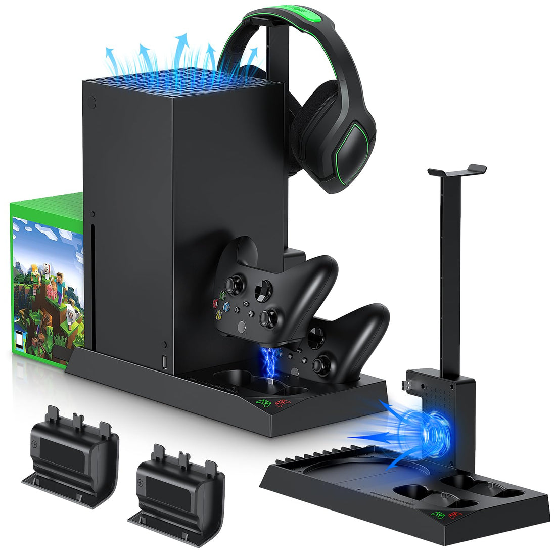 MENEEA Cooling Fan &amp; Charging Stand for Xbox Series X Console and Controller,Vertical Cooler System Dual Charger Station Dock Accessories Kit with 2 x 1400mAh Rechargeable Battery (Black)