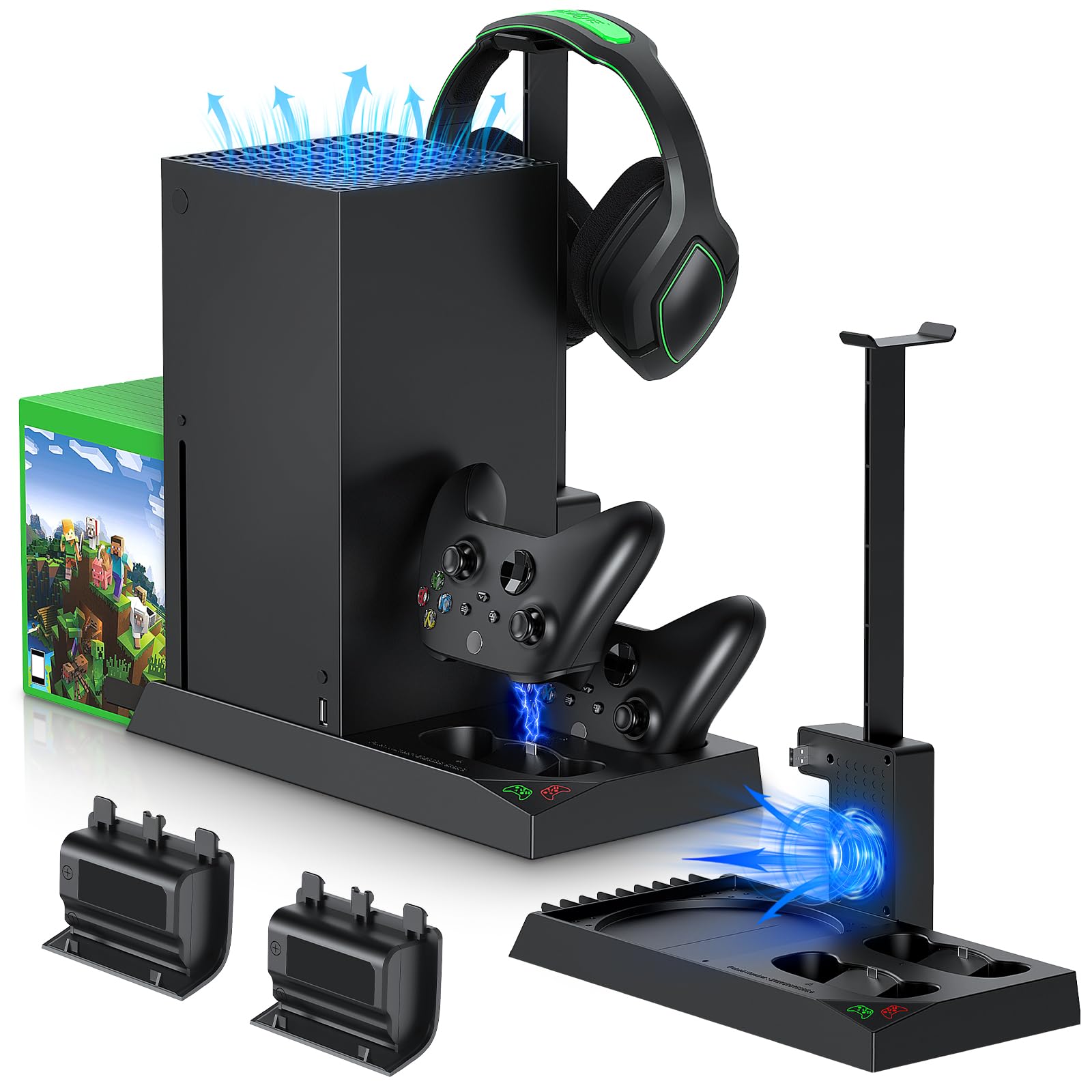MENEEA Cooling Fan &amp; Charging Stand for Xbox Series X Console and Controller,Vertical Cooler System Dual Charger Station Dock Accessories Kit with 2 x 1400mAh Rechargeable Battery (Black)