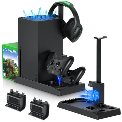 MENEEA Cooling Fan &amp; Charging Stand for Xbox Series X Console and Controller,Vertical Cooler System Dual Charger Station Dock Accessories Kit with 2 x 1400mAh Rechargeable Battery (Black)