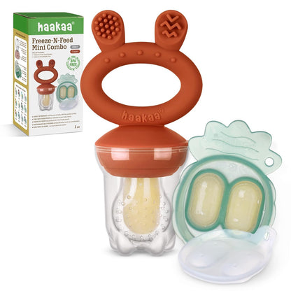 Haakaa Baby Fruit Food Feeder &amp; Mini Freezer Nibble Tray Combo, Breastmilk Popsicle Molds for Cooling Relief, BPA Free Silicone Feeder for Safe Infant Self Feeding, 4 Month+ (Pea Green)