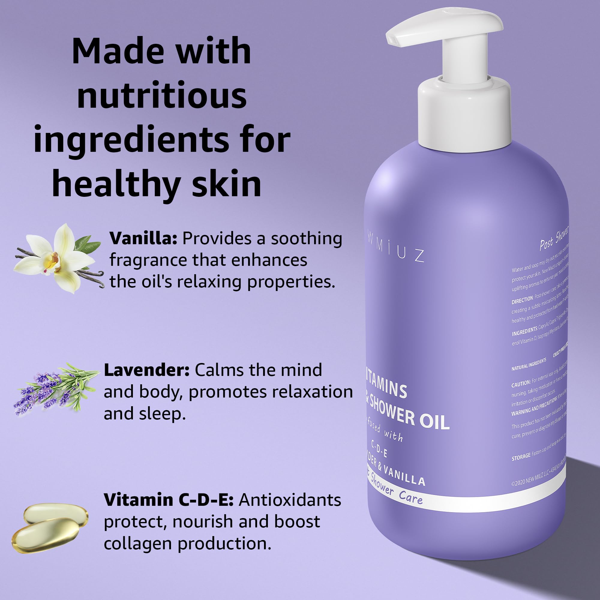 Vitamin Shower Oil Body Wash - Natural Post Shower Care for Dry Skin in Shower Cleansing &amp; Nourishing Moisturizing lotion Body &amp; Legs Non Greasy Lavender Vanilla Spa Self Care Spa Gift