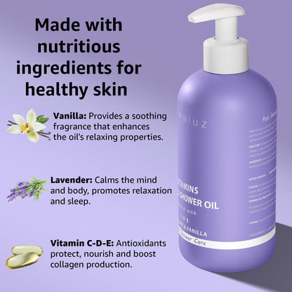 Vitamin Shower Oil Body Wash - Natural Post Shower Care for Dry Skin in Shower Cleansing &amp; Nourishing Moisturizing lotion Body &amp; Legs Non Greasy Lavender Vanilla Spa Self Care Spa Gift