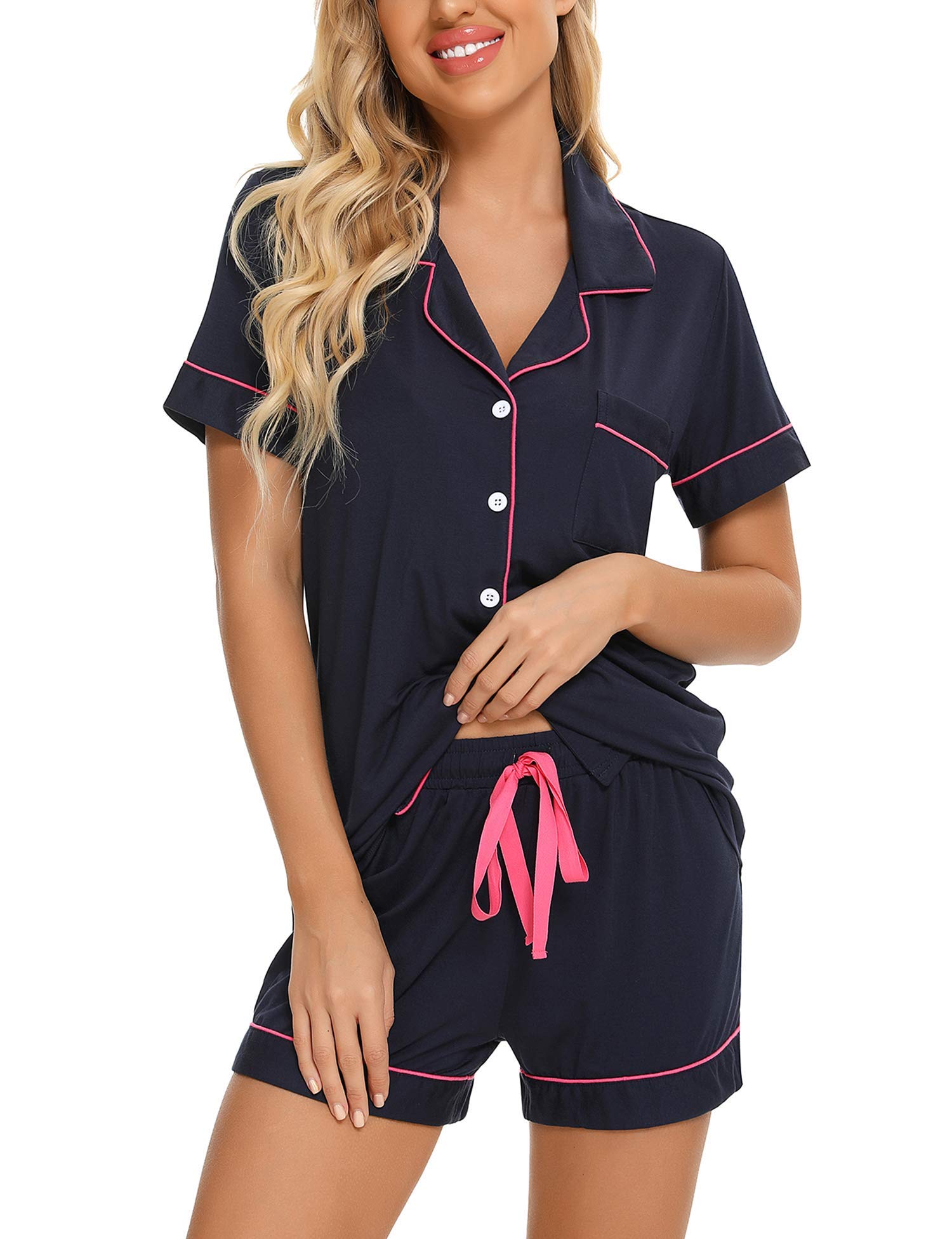 Senert Pajamas Set For Women Short Sleeve Sleepwear Soft Button Down Pjs Set Nightwear Lounge Sets S-XXL