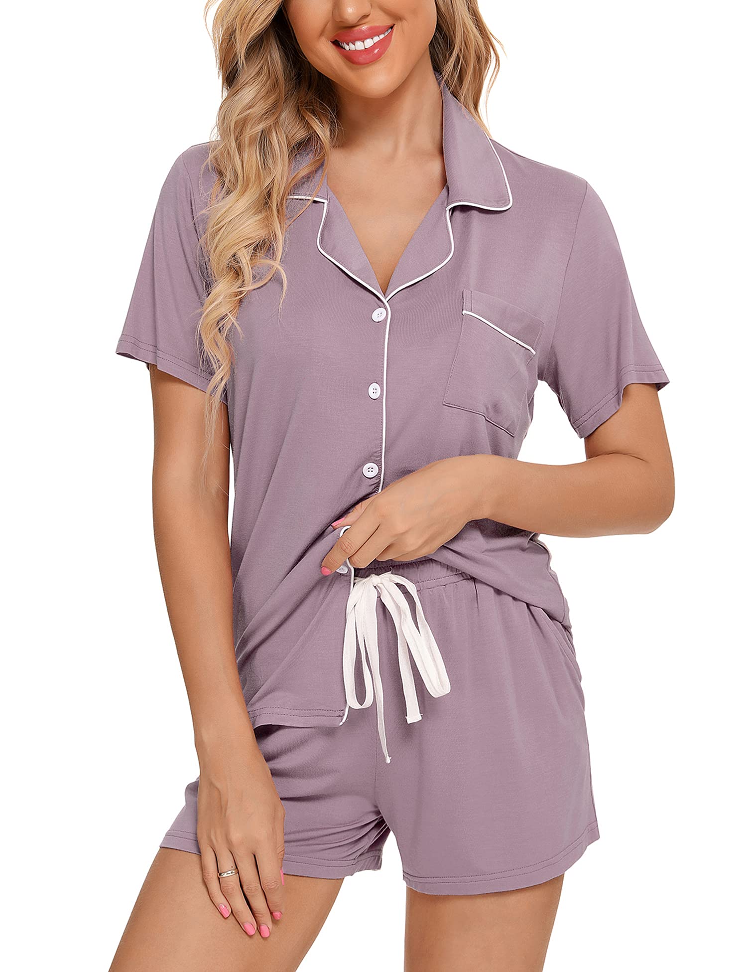Senert Pajamas Set For Women Short Sleeve Sleepwear Soft Button Down Pjs Set Nightwear Lounge Sets S-XXL