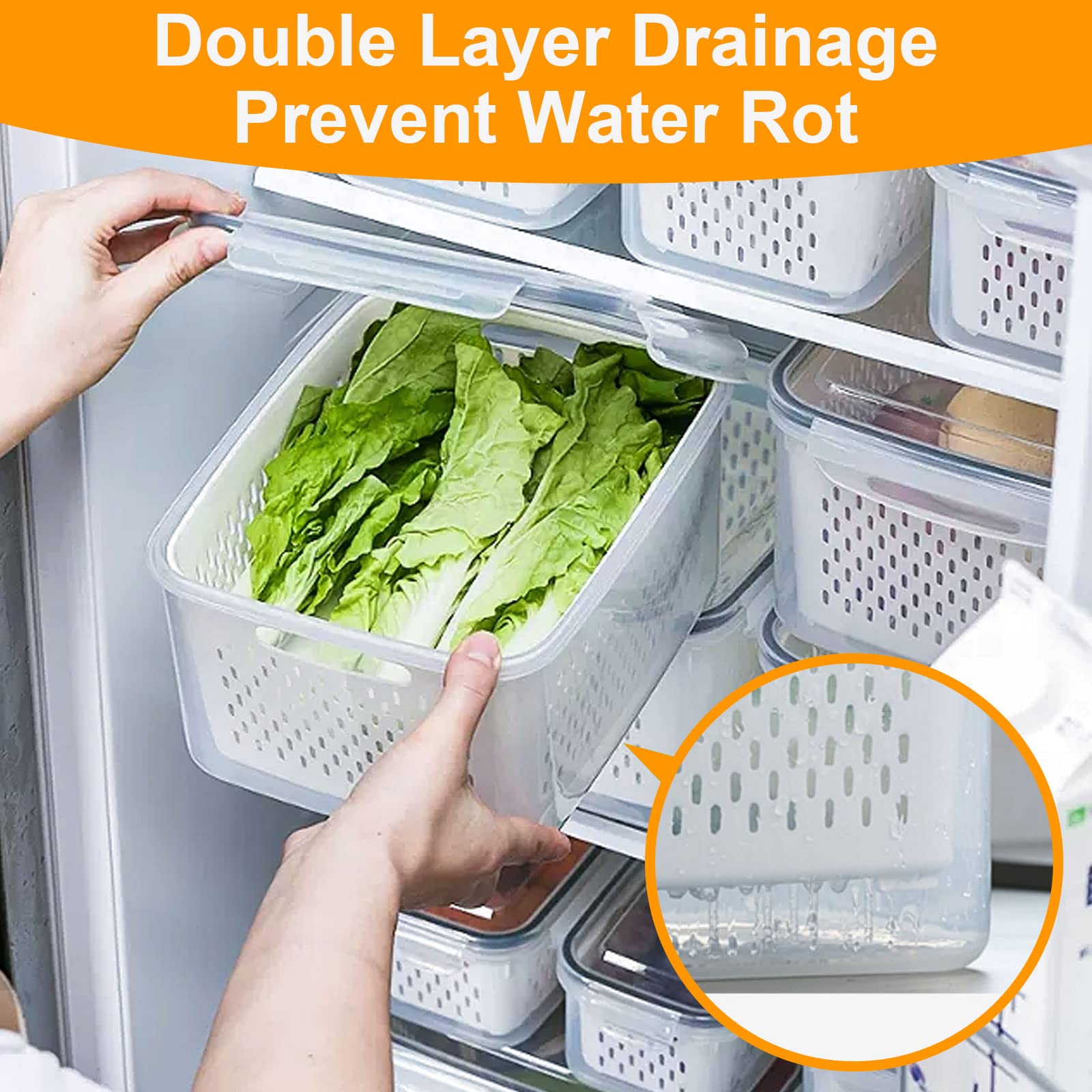 Fresh Food Storage Containers, 3 Pack Large Capacity Produce Saver Box with Drain Baskets &amp; Lid for Vegetable and Fruit - BPA Free Stackable Refrigerator Organizer for Kitchen (0.8L+1.7L+3.15L)