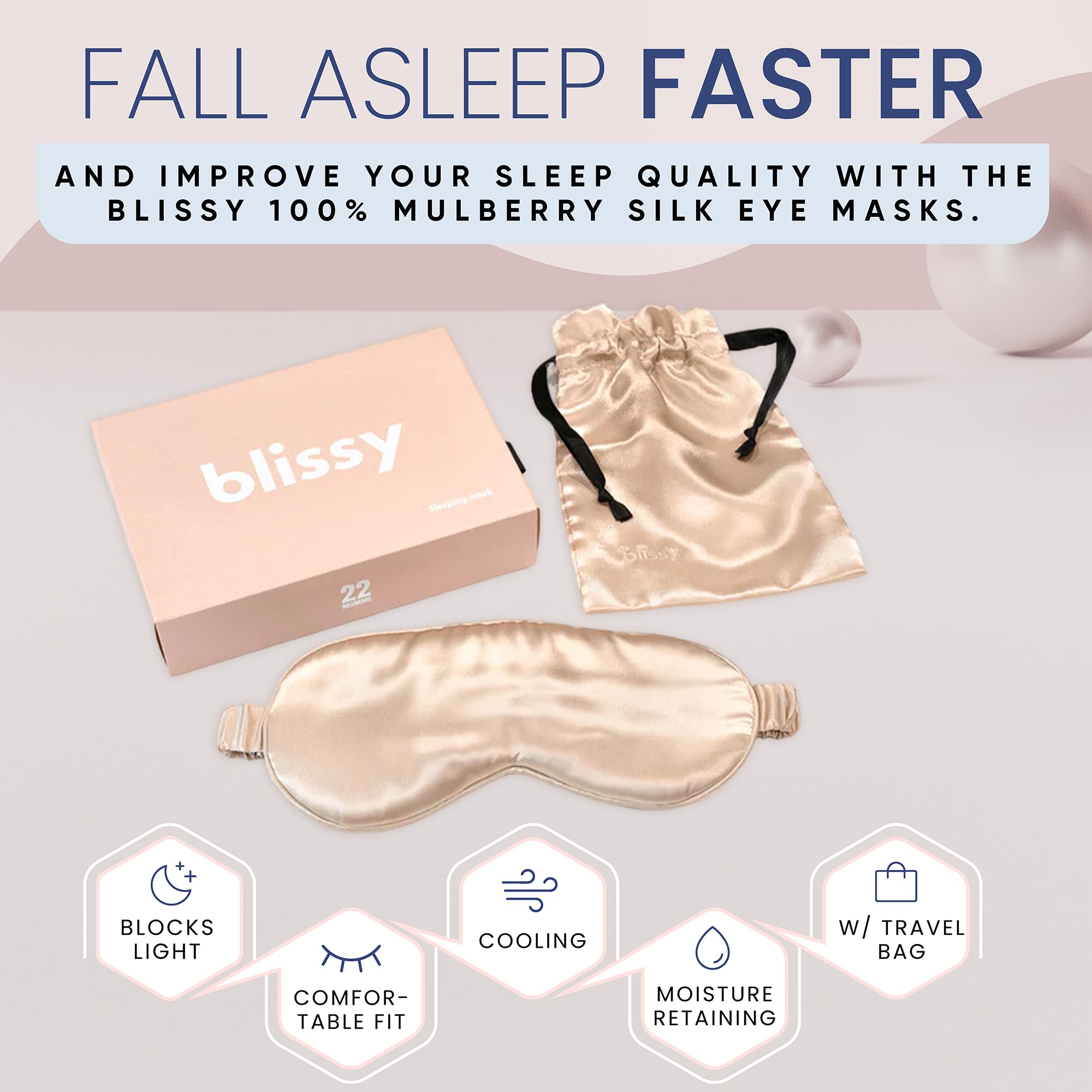 Blissy Silk Sleep Mask - Silk Eye Sleeping Mask for Women &amp; Men for Total Blackout - Silk Eye Mask - 100% Pure Mulberry Silk, 22 Momme 6a Fibers - Blindfold Silk Sleep Mask Side Sleeper Eye Cover