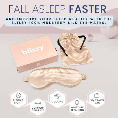 Blissy Silk Sleep Mask - Silk Eye Sleeping Mask for Women &amp; Men for Total Blackout - Silk Eye Mask - 100% Pure Mulberry Silk, 22 Momme 6a Fibers - Blindfold Silk Sleep Mask Side Sleeper Eye Cover