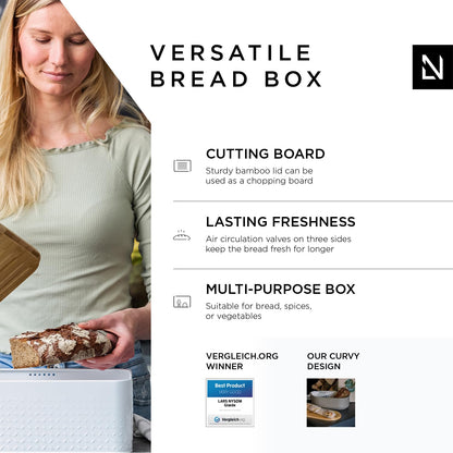 LARS NYSØM Bread Box I Metal bread box with linen bread bag for long lasting freshness I Bread box with bamboo lid usable as cutting board I 34 x 19.5 x 13.5 cm (Taupe Brown)