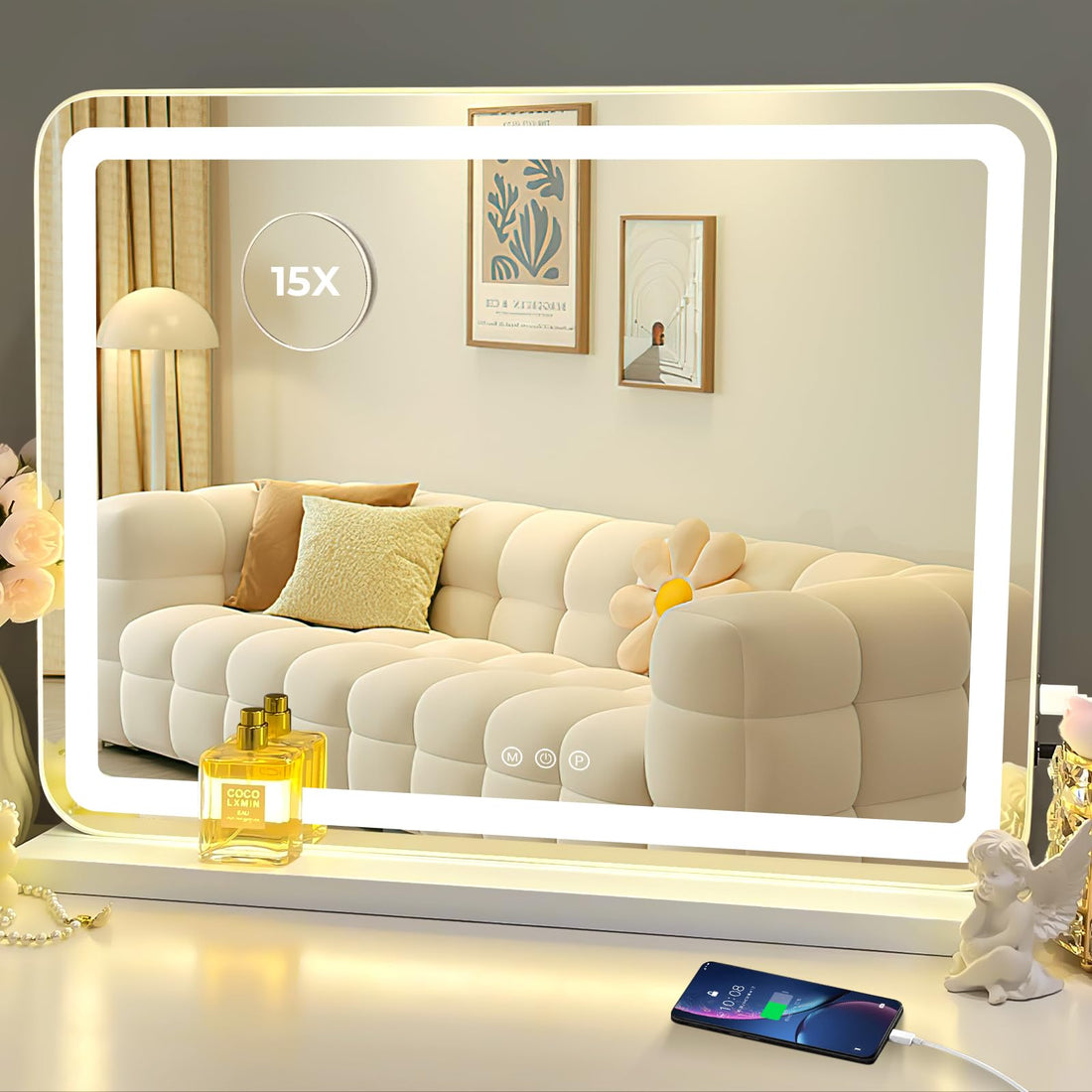 LuxeVue Vanity Mirror with Lights, 23&quot; x 18&quot; Large LED Makeup Mirror, Hollywood Mirror with 3 Color Modes &amp; Adjustable Brightness, Detachable 15x Magnification and USB Charging Port