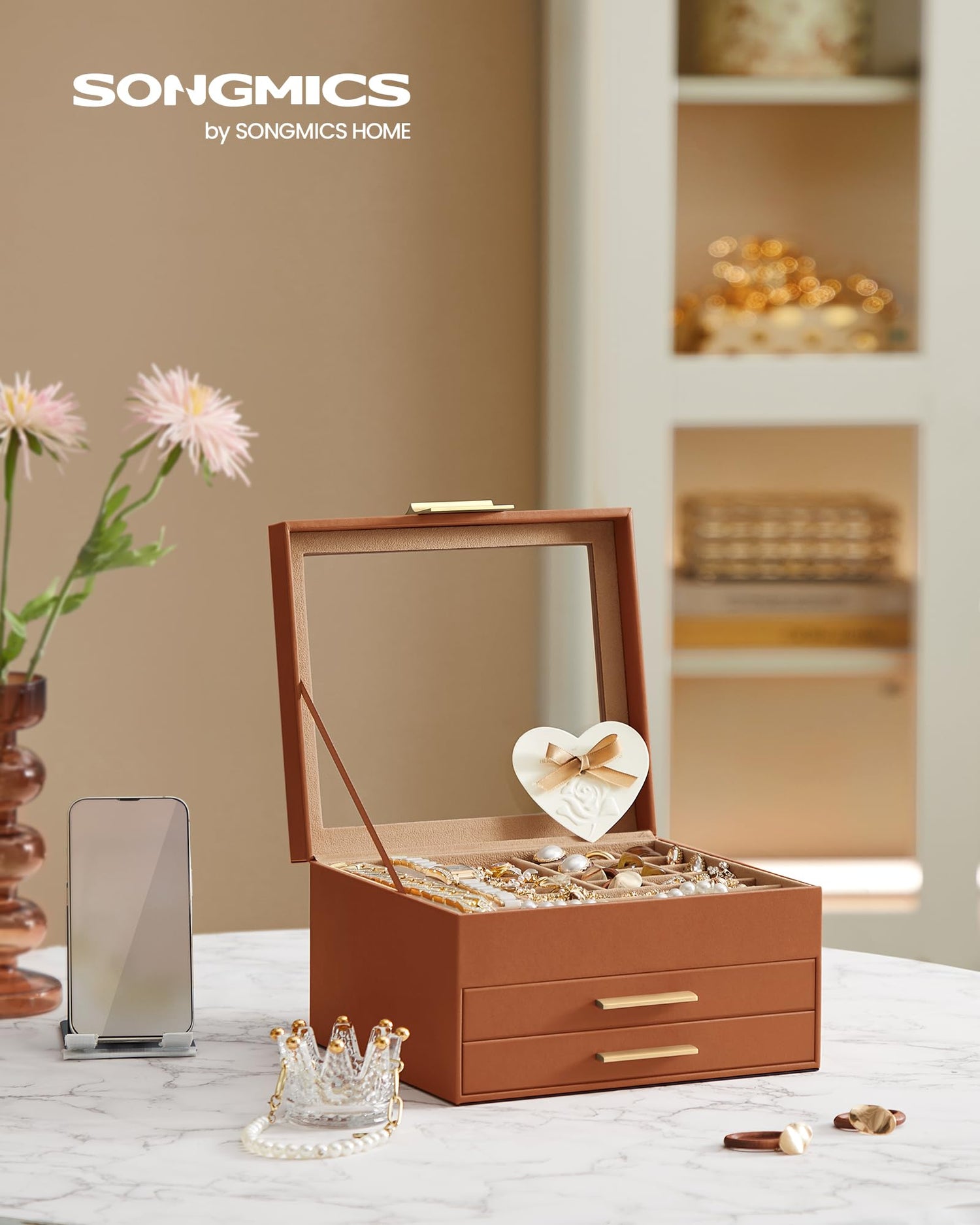 SONGMICS Jewelry Box with Glass Lid, 3-Layer Jewelry Organizer, 2 Drawers, for Big and Small Jewelry, Jewelry Storage, Modern Style, 8 x 9.1 x 5.3 Inches, Cloud White and Gold Color UJBC239WT