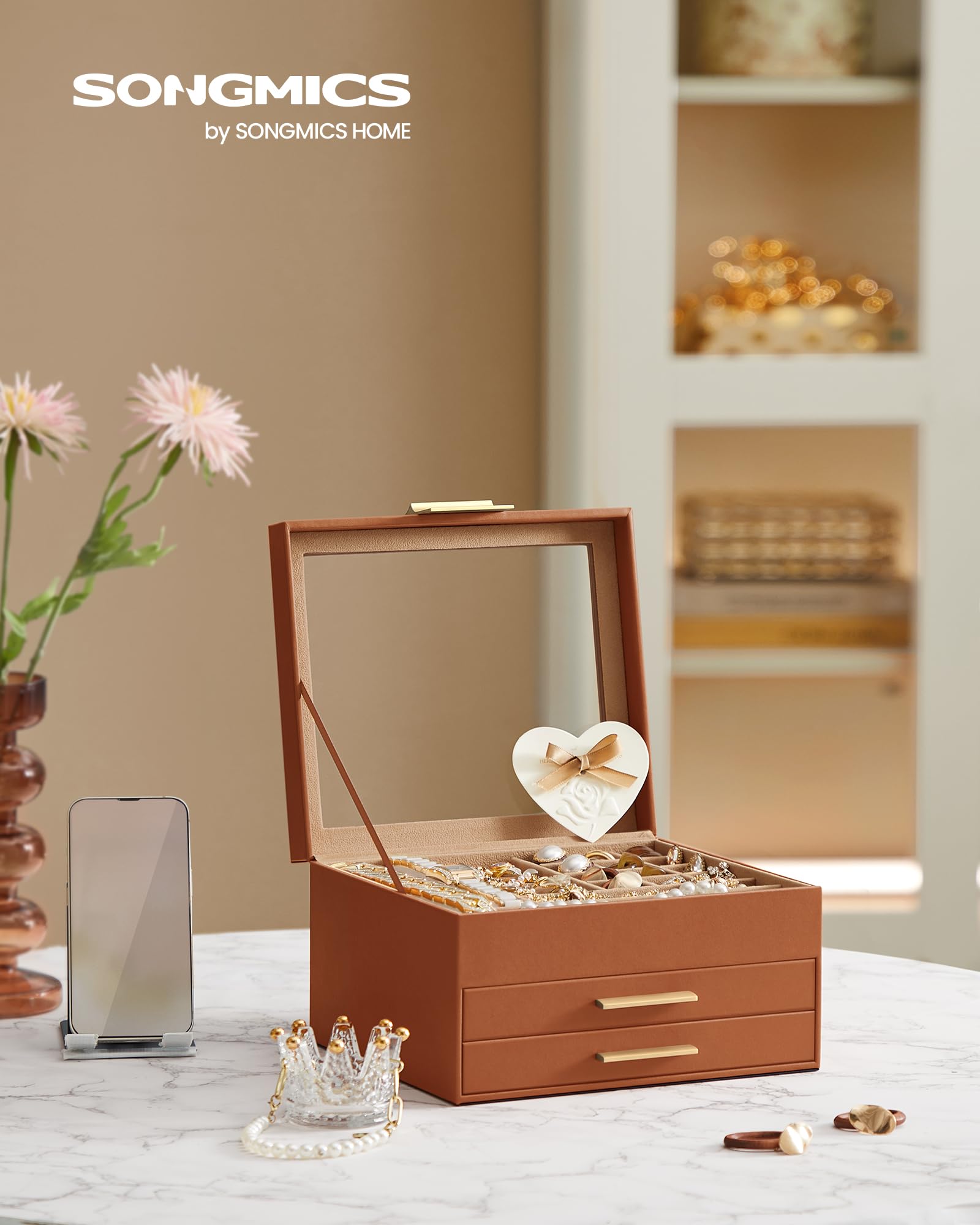 SONGMICS Jewelry Box with Glass Lid, 3-Layer Jewelry Organizer, 2 Drawers, for Big and Small Jewelry, Jewelry Storage, Modern Style, 8 x 9.1 x 5.3 Inches, Cloud White and Gold Color UJBC239WT