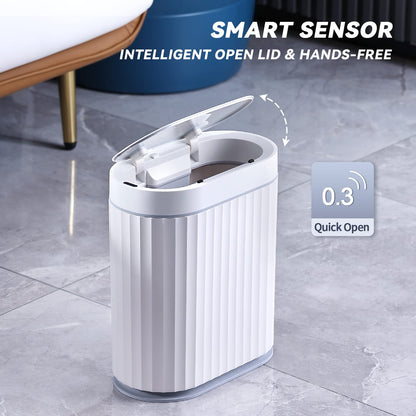 ELPHECO Mini Desktop Trash Can with Lid, Small Slim Automatic Garbage Can, 1.3 Gallon Motion Sensor Countertop Waste Basket for Bedroom, Office, Bathroom, White with Grey Trim