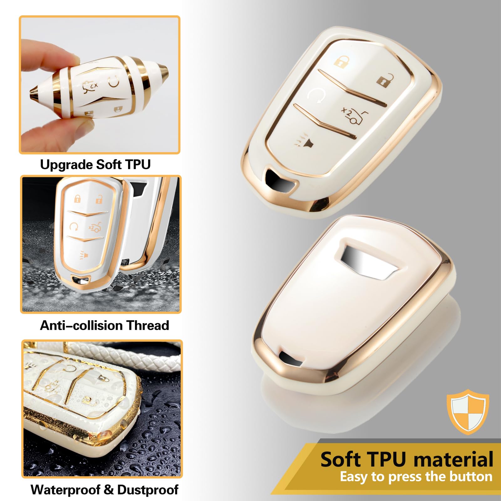 Cadillac Key Fob Cover with Metal Braided Rope Keychain, Upgraded Soft Key Case for 2015-2019 Escalade CTS SRX XT5 ATS STS CT6 (5 Button) (Gold Edge)