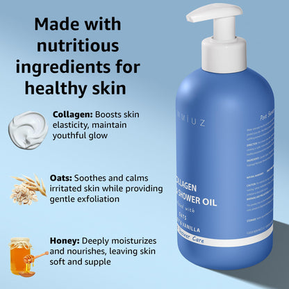 Collagen Shower Oil Body Wash - Natural Post Shower Care For Dry Skin in Shower Cleansing &amp; Softening Moisturizing lotion Body &amp; Legs Non Greasy Oatmeal Honey Vanilla Spa Self Care Spa Gift 10 Fl. Oz