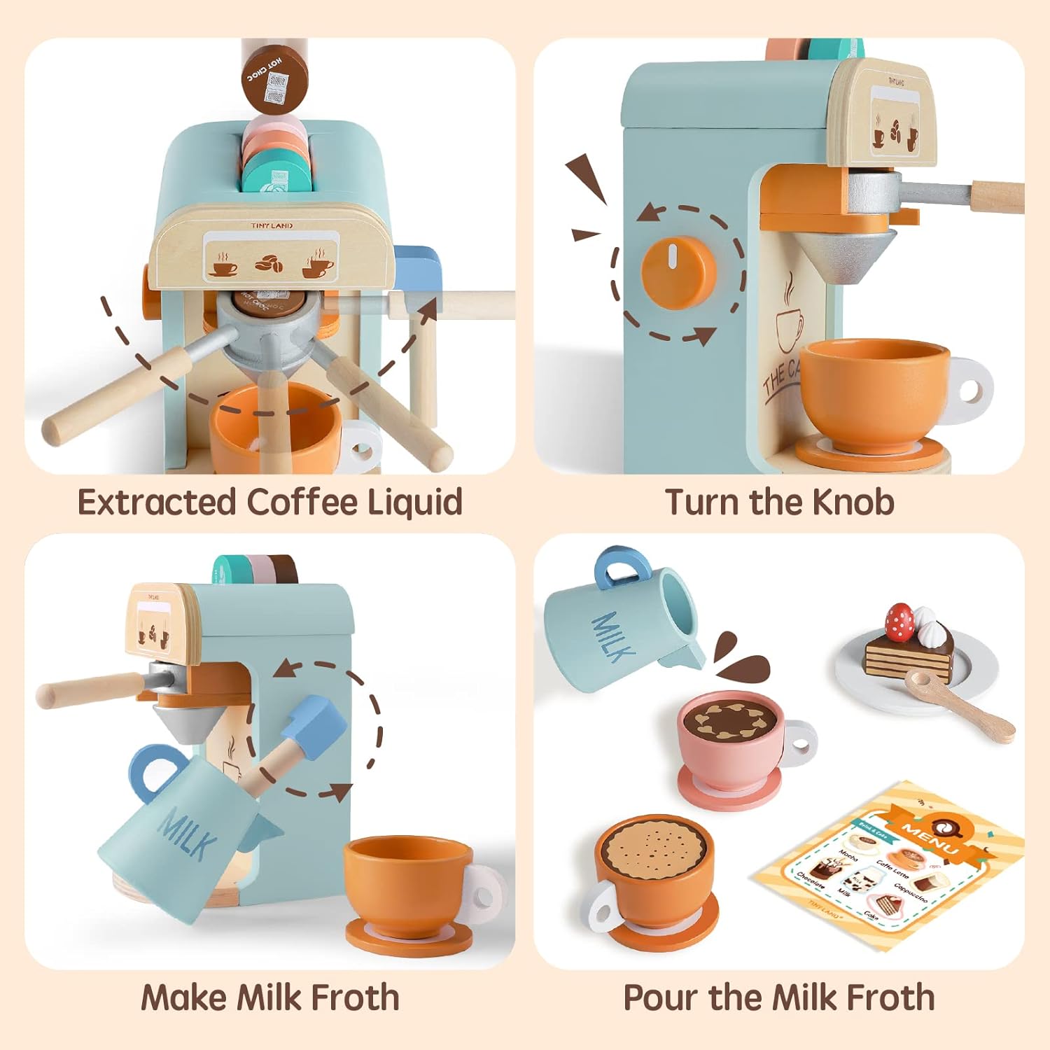 Play-Kitchen-for-Kids with 18 Pcs Toy Food &amp; Kids Coffee Maker Wooden Kitchen Toys - 17Pcs Toy Coffee Maker Playset