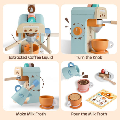 Play-Kitchen-for-Kids with 18 Pcs Toy Food &amp; Kids Coffee Maker Wooden Kitchen Toys - 17Pcs Toy Coffee Maker Playset