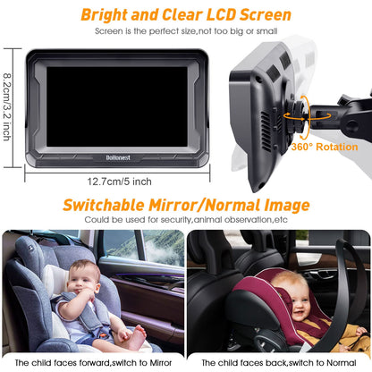 DoHonest Baby Car Camera 7-Inch: USB Plug and Play Easy Setup 360 Degree Rotating Backseat Camera Two Kids HD 1080P Rear Facing Car Seat Camera Clear Night Vision -V9 Black