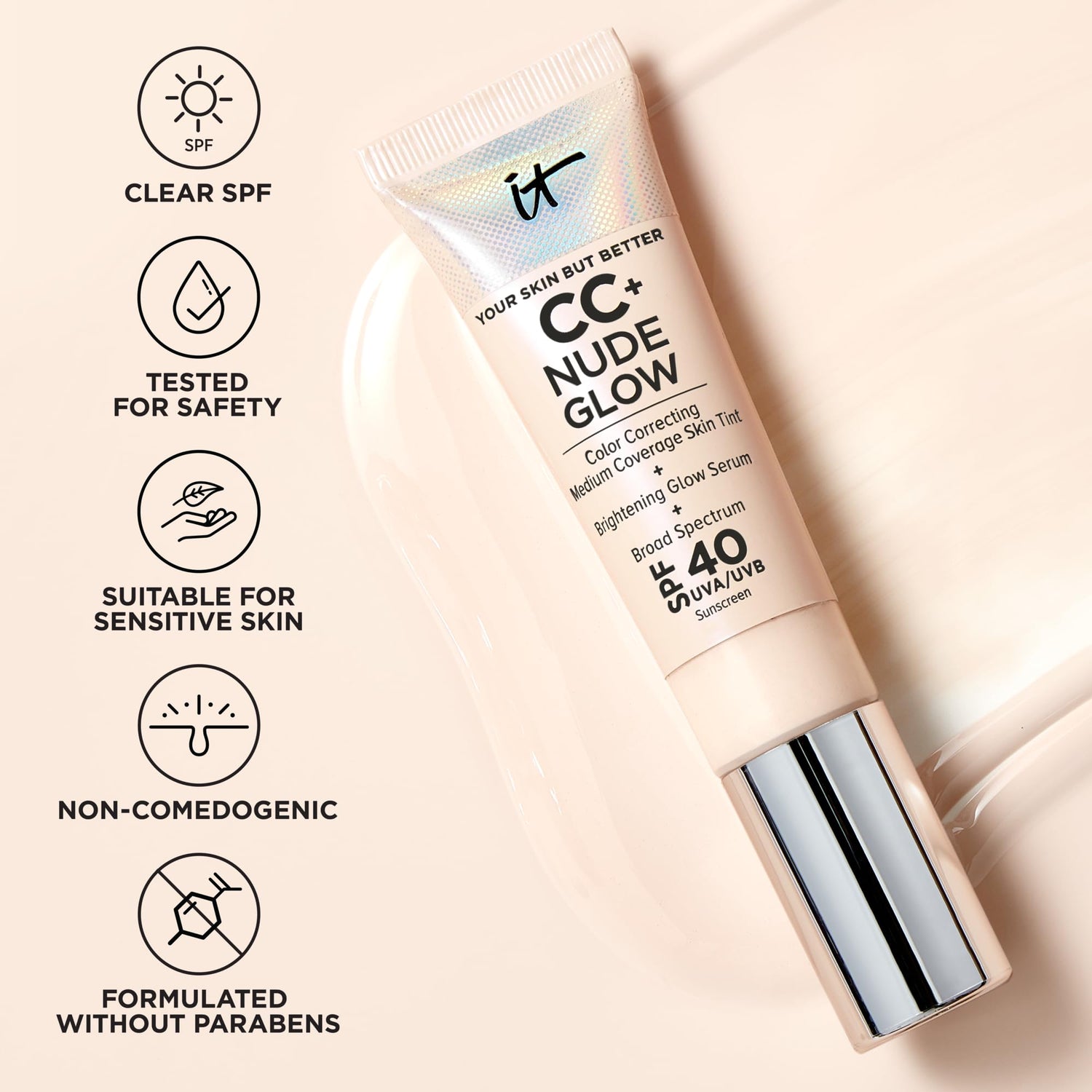 IT Cosmetics CC+ Nude Glow Lightweight Foundation + Glow Serum with SPF 40 - With Niacinamide, Hyaluronic Acid &amp; Green Tea Extract - 1.08 fl oz
