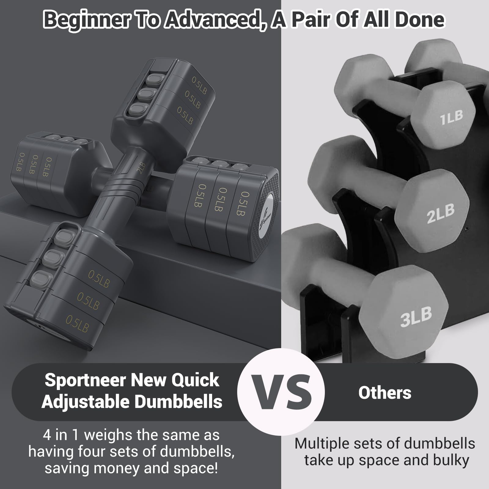Adjustable Dumbbells Hand Weights Set: Sportneer 4 In 1 Weight Each 2lb 3lb 4lb 5lb Free Weights Dumbbells Set for Women Fast Adjust Dumbbell Set for Men Home Gym Workout Strength Training Exercise