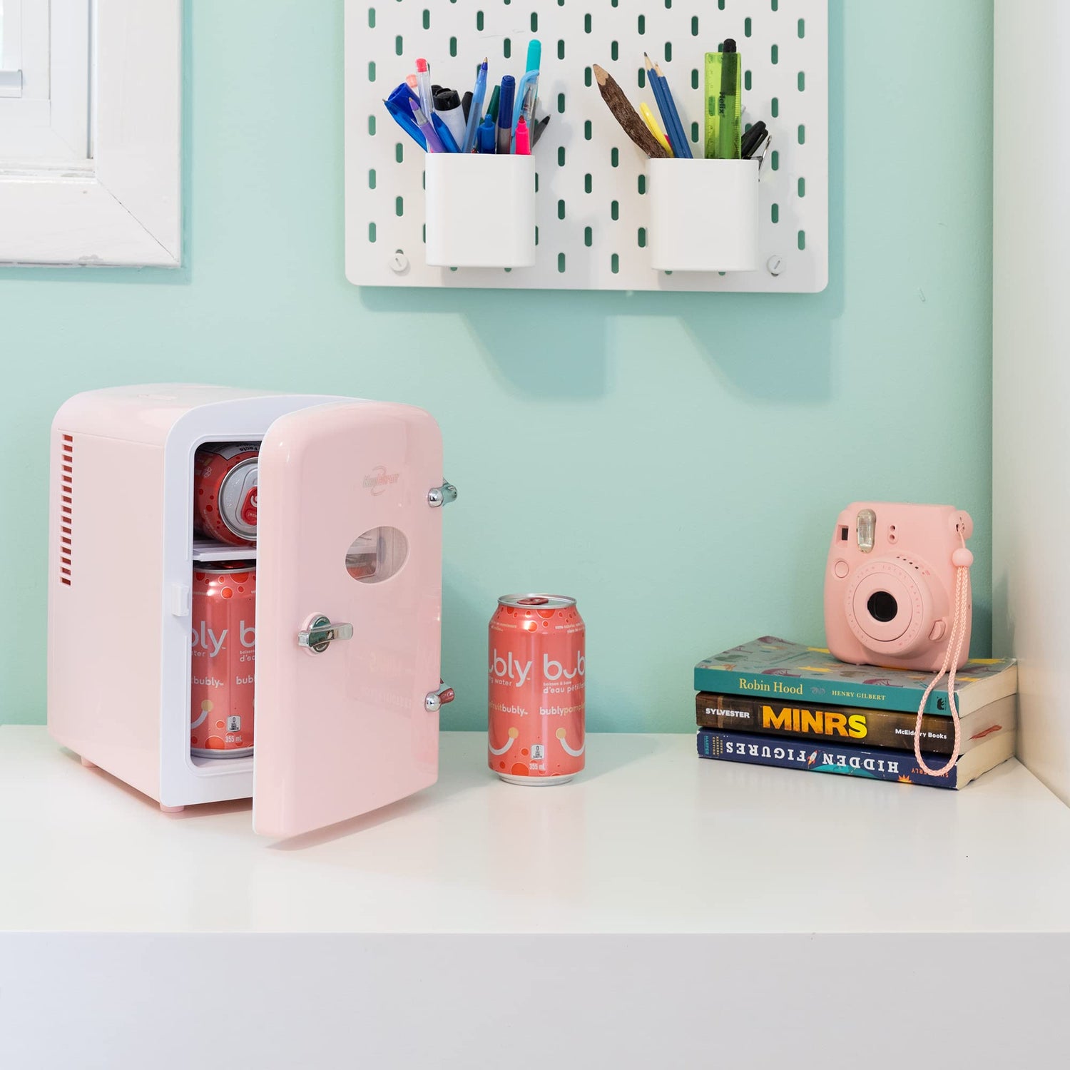 Koolatron Retro Mini Portable Fridge, 4L Compact Refrigerator for Skincare, Beauty Serum, Face Mask, Personal Cooler, Includes 12V Car Adapter, Desktop Accessory for Home Office Dorm Travel, Pink