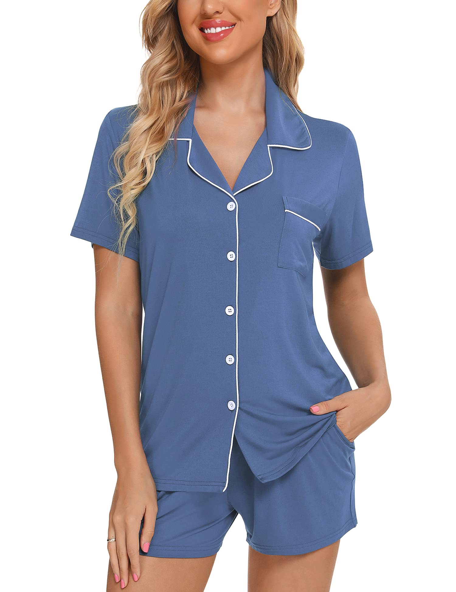 Senert Pajamas Set For Women Short Sleeve Sleepwear Soft Button Down Pjs Set Nightwear Lounge Sets S-XXL