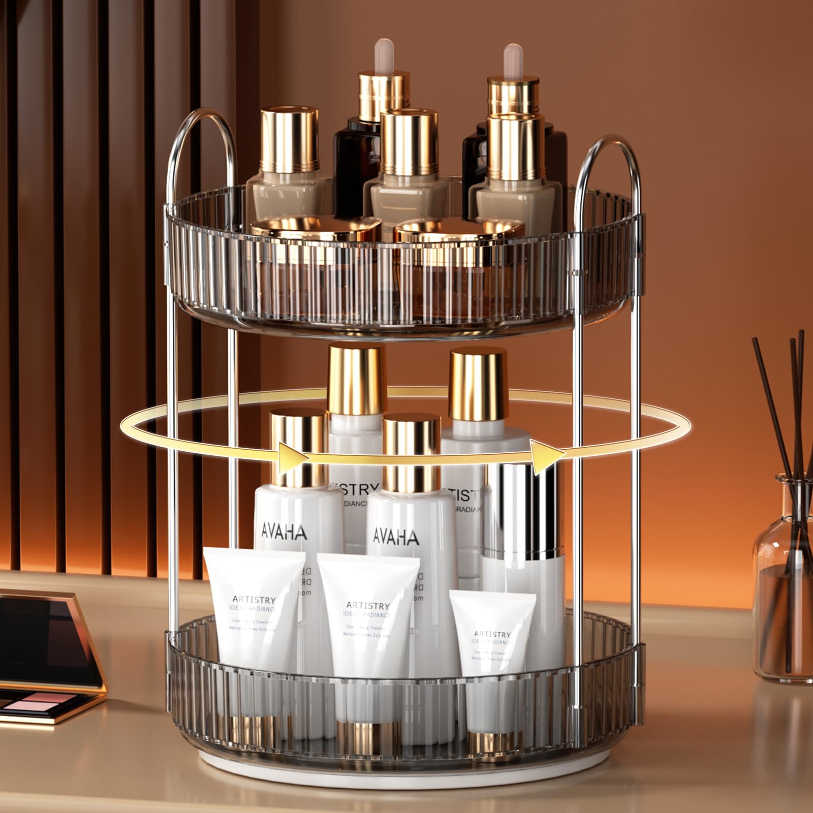 YCIA&amp;DONE 360 Rotating Makeup Organizer and Storage for Vanity Bathroom Countertop, High Capacity Cosmetic Skincare Perfume Organizer for Dresser Lazy Susan Organizers(Clear White,2 Tiers)