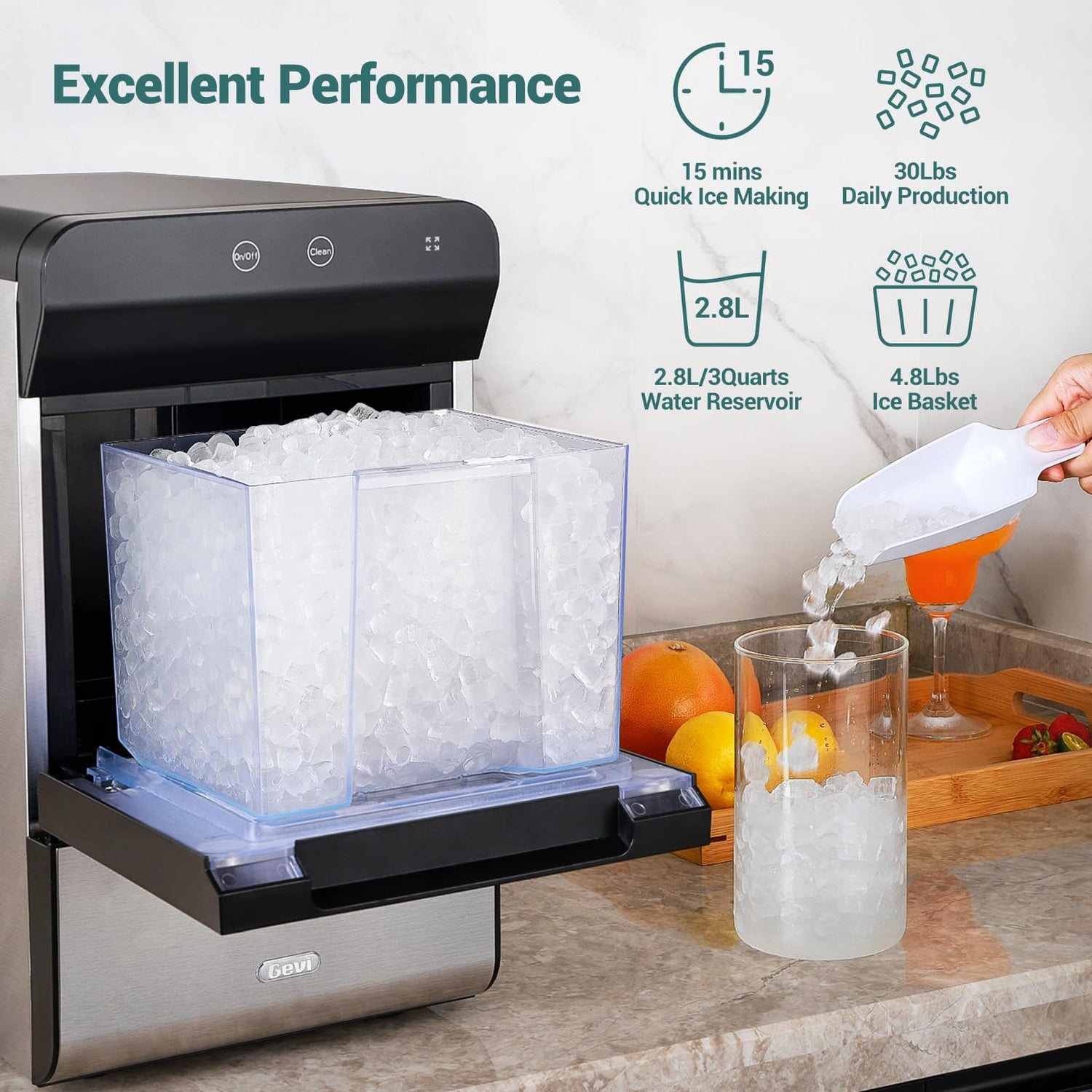 Gevi Household V2.0 Gemi Nugget Ice Maker Countertop Pellet Crushed Chewable Ice Machine with Self-Cleaning Open and Pour Water Refill for Kitchen Party Office Stainless Steel White