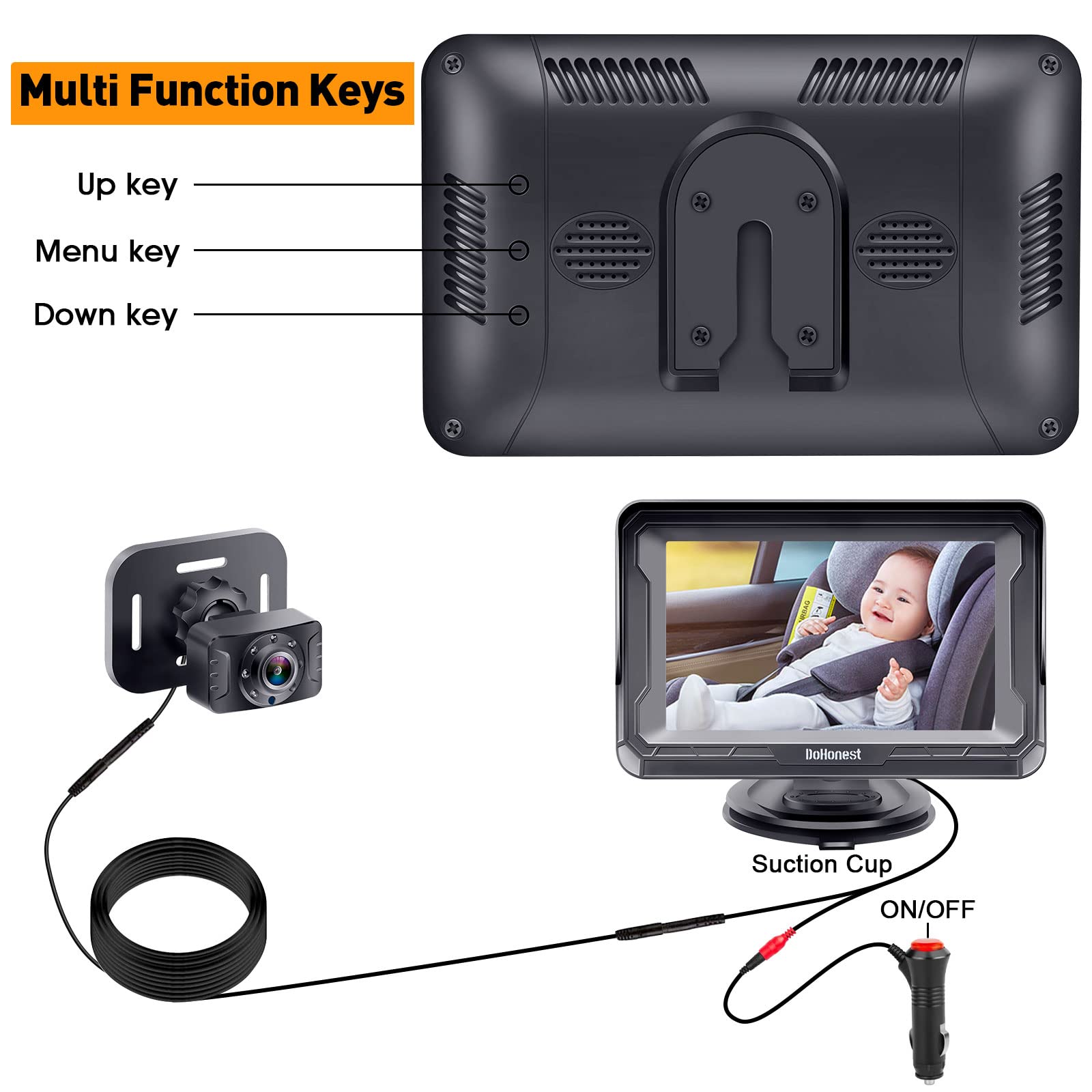 DoHonest Baby Car Camera 7-Inch: USB Plug and Play Easy Setup 360 Degree Rotating Backseat Camera Two Kids HD 1080P Rear Facing Car Seat Camera Clear Night Vision -V9 Black