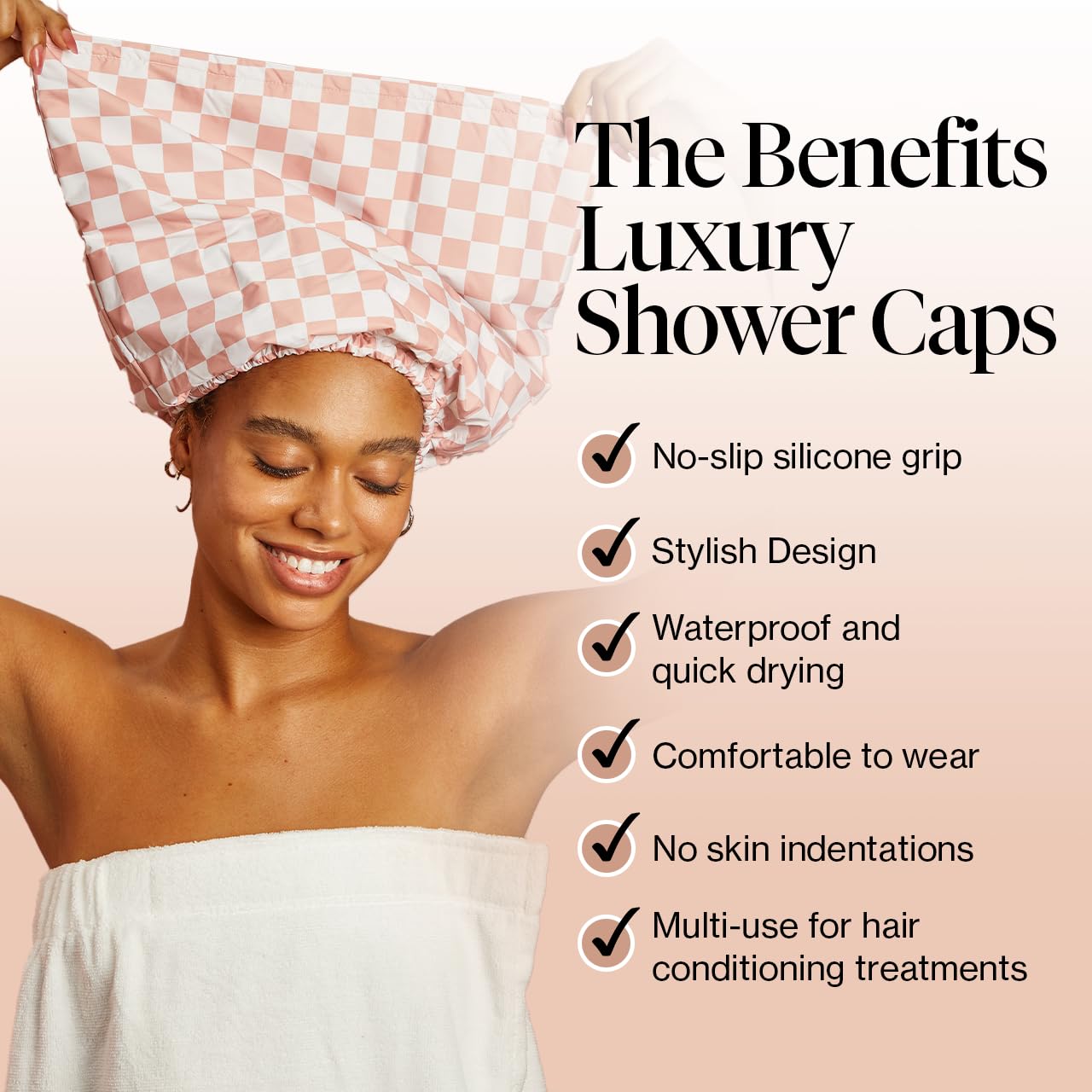 Kitsch Luxury Shower Cap for Women - Reusable Shower Cap for Long Hair with Non Slip Silicon Grip | Waterproof Hair Cap for Shower with One Size Fits Most | Stylish Hair Cover for Shower (Blush Dot)