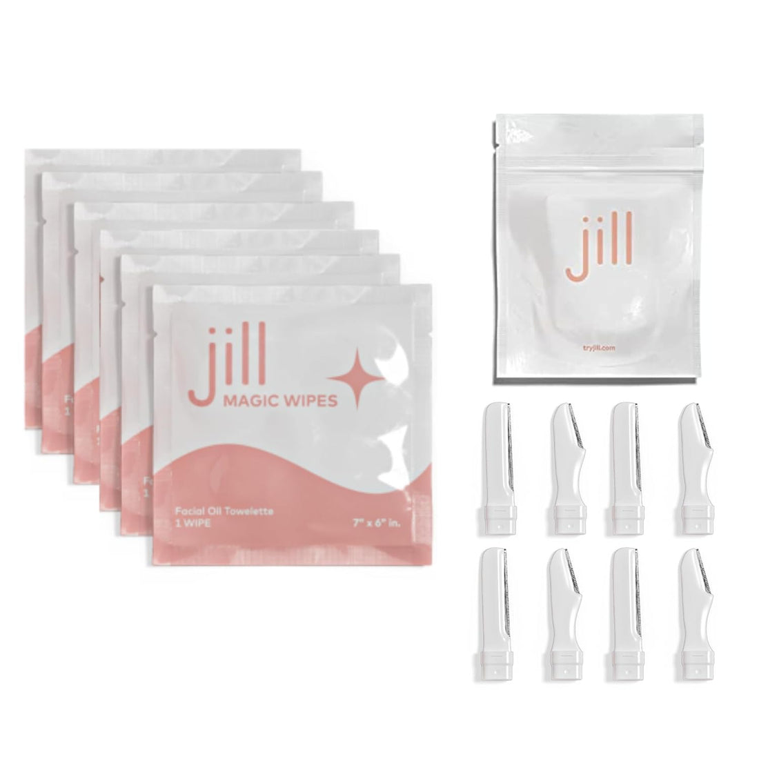 Jill Magic Wipes Pre Shave Dermaplane Oil Wipes + 4 Shave Sets, 8 Dermaplane Refill Blades Bundle