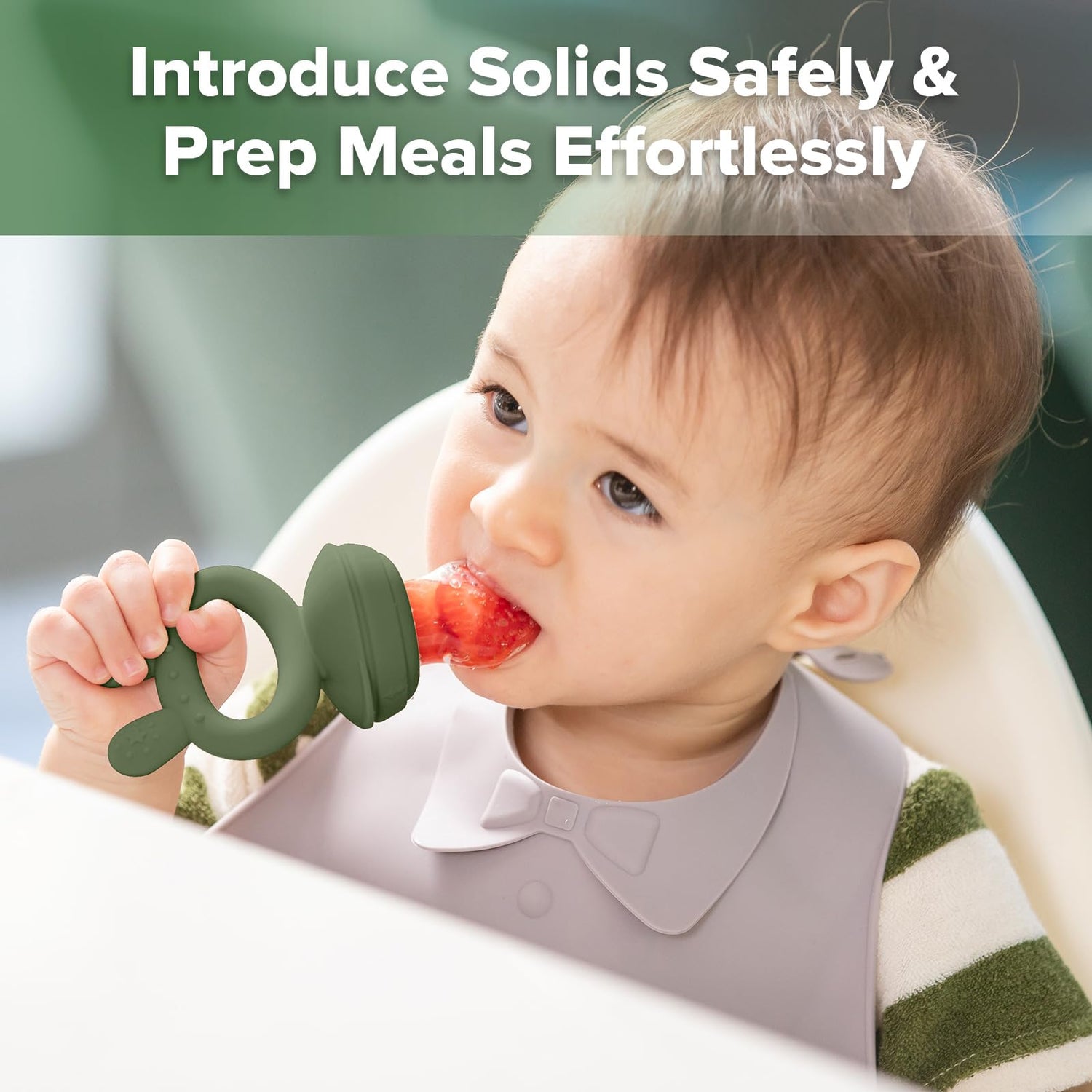 Haakaa Baby Fruit Food Feeder &amp; Mini Freezer Nibble Tray Combo, Breastmilk Popsicle Molds for Cooling Relief, BPA Free Silicone Feeder for Safe Infant Self Feeding, 4 Month+ (Pea Green)