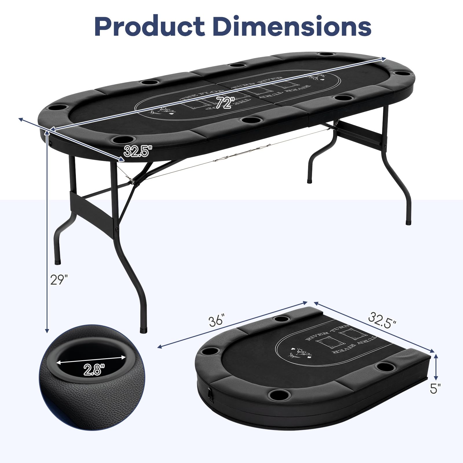 GYMAX Poker Table Foldable, 8-Player Texas Holdem Poker Table with Metal Cup Holders, Casino Grade Felt &amp; Padded Rails, Portable Folding Poker Table for Leisure Game, Homes, Game Rooms (Black)