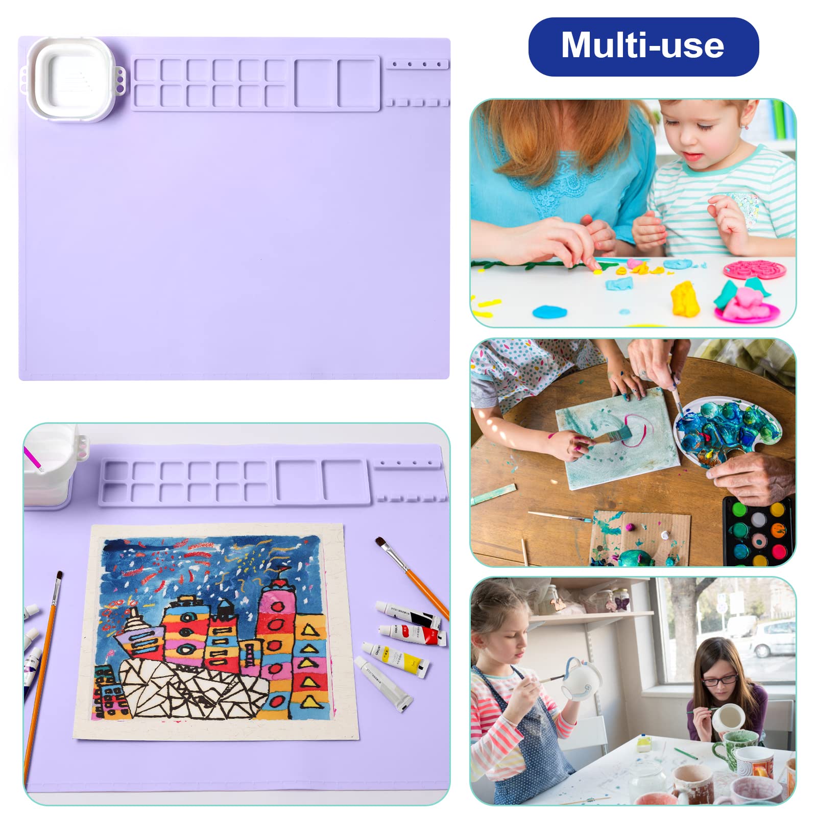 AWOKE Silicone Painting Mat - 20&quot;X16&quot; Silicone Art Mat with 1 Water Cup for Kids - Silcone Craft Mat has12 Color Dividers - 2 Paint Dividers (White)