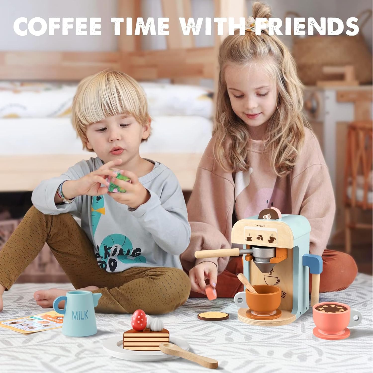 Play-Kitchen-for-Kids with 18 Pcs Toy Food &amp; Kids Coffee Maker Wooden Kitchen Toys - 17Pcs Toy Coffee Maker Playset